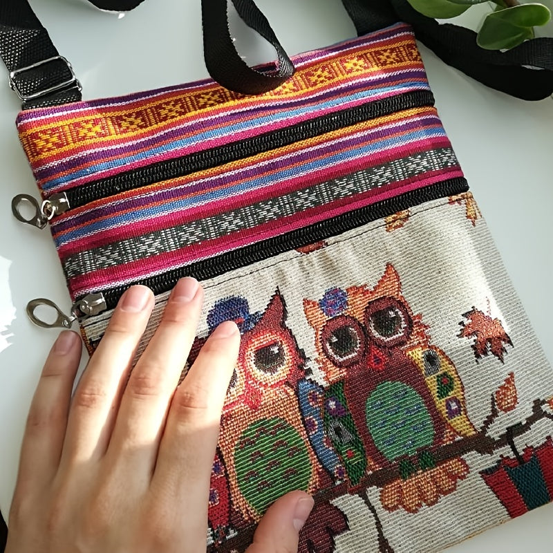 Casual Adjustable Embroidered Owl Print Shoulder Bag
